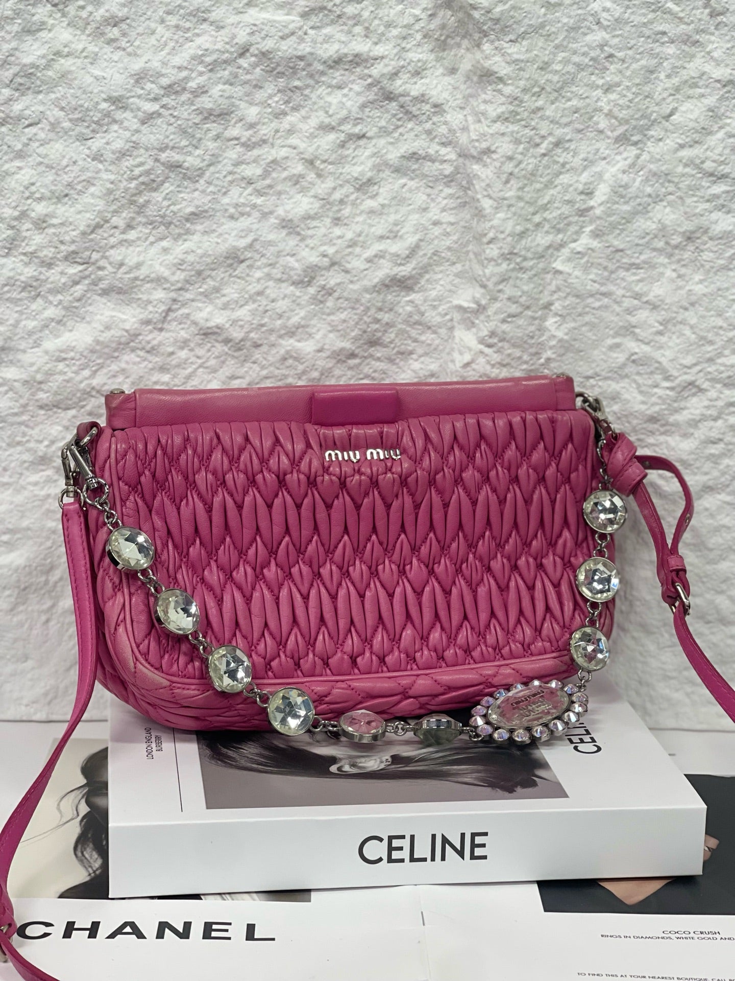 Miu Miu - Matelassé Gemstone Chain Shoulder Bag - Lambskin leather - Pink - (Small)