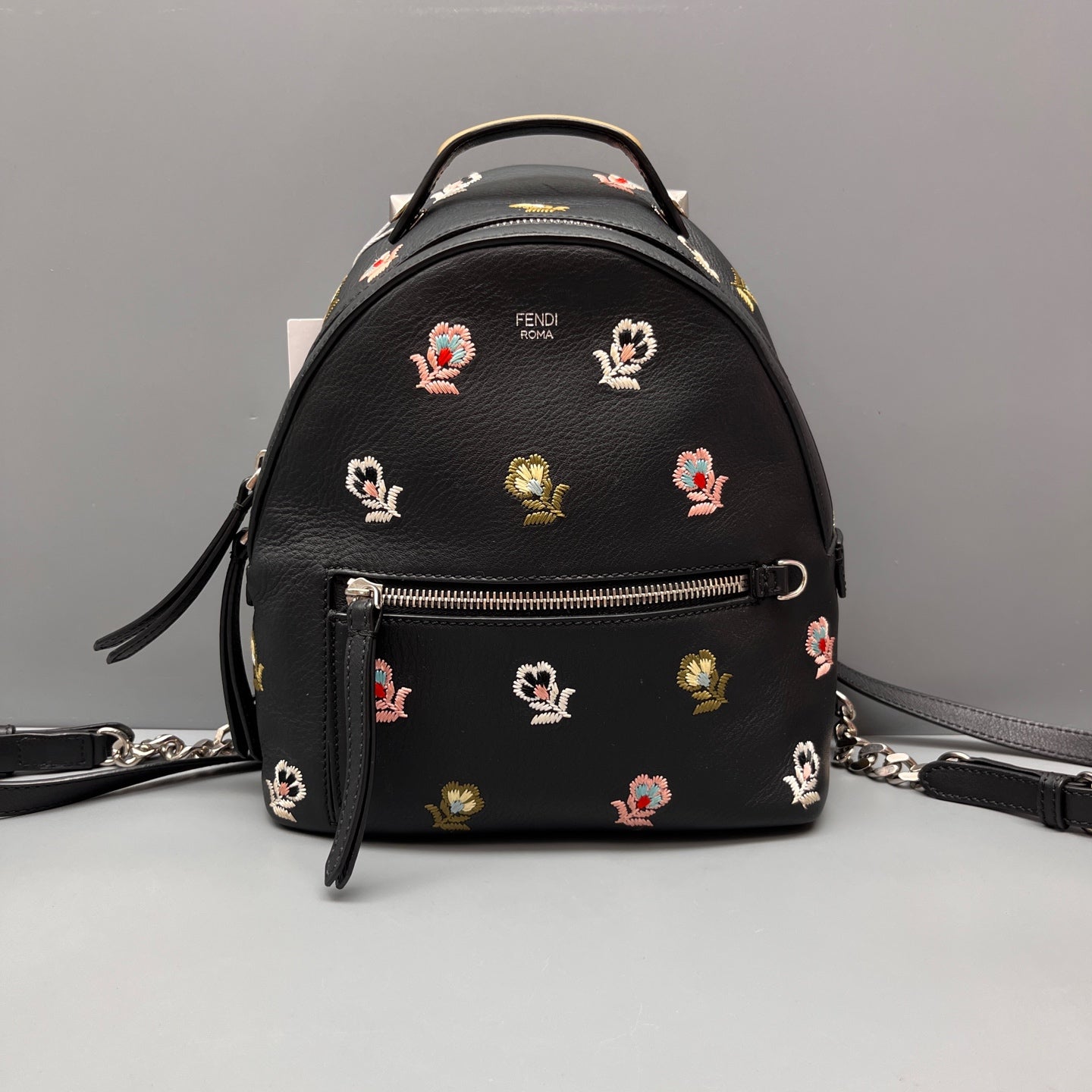 Fendi - Mini Backpack - Grained leather with embroidery - Black with multicolor embroidery - (mini)