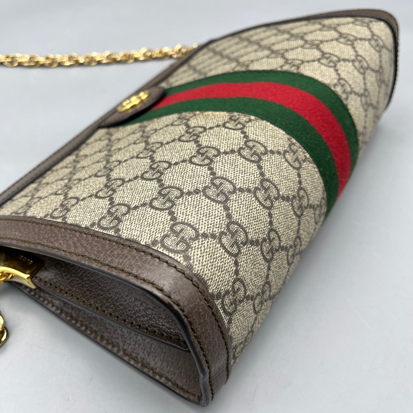 Gucci - Ophidia Chain Bag - GG Supreme coated canvas with leather trim - Ebony (Beige and Brown) with Red and Green Web - (mini)