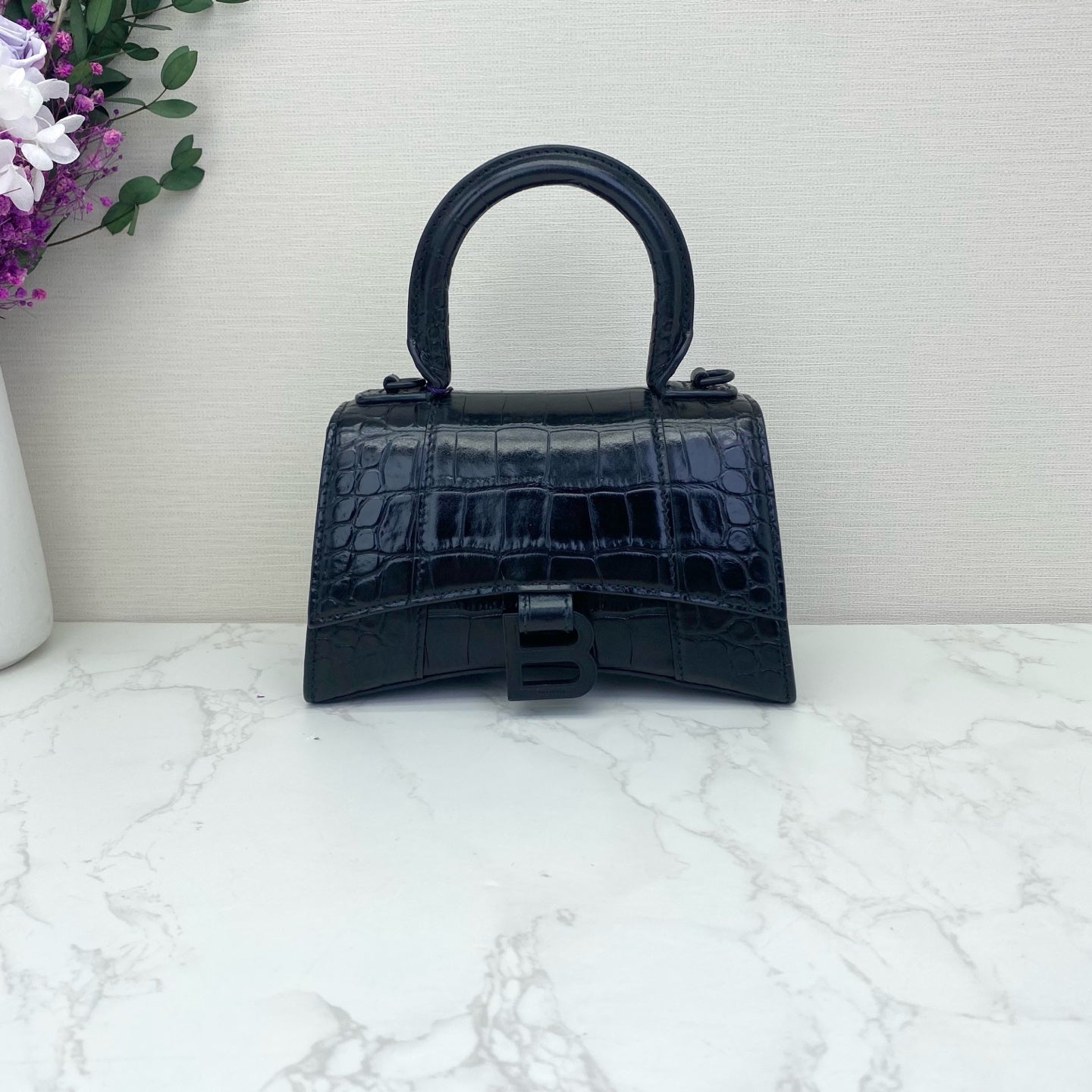 Balenciaga - Hourglass XS - Crocodile-embossed calfskin leather - Black - (mini)