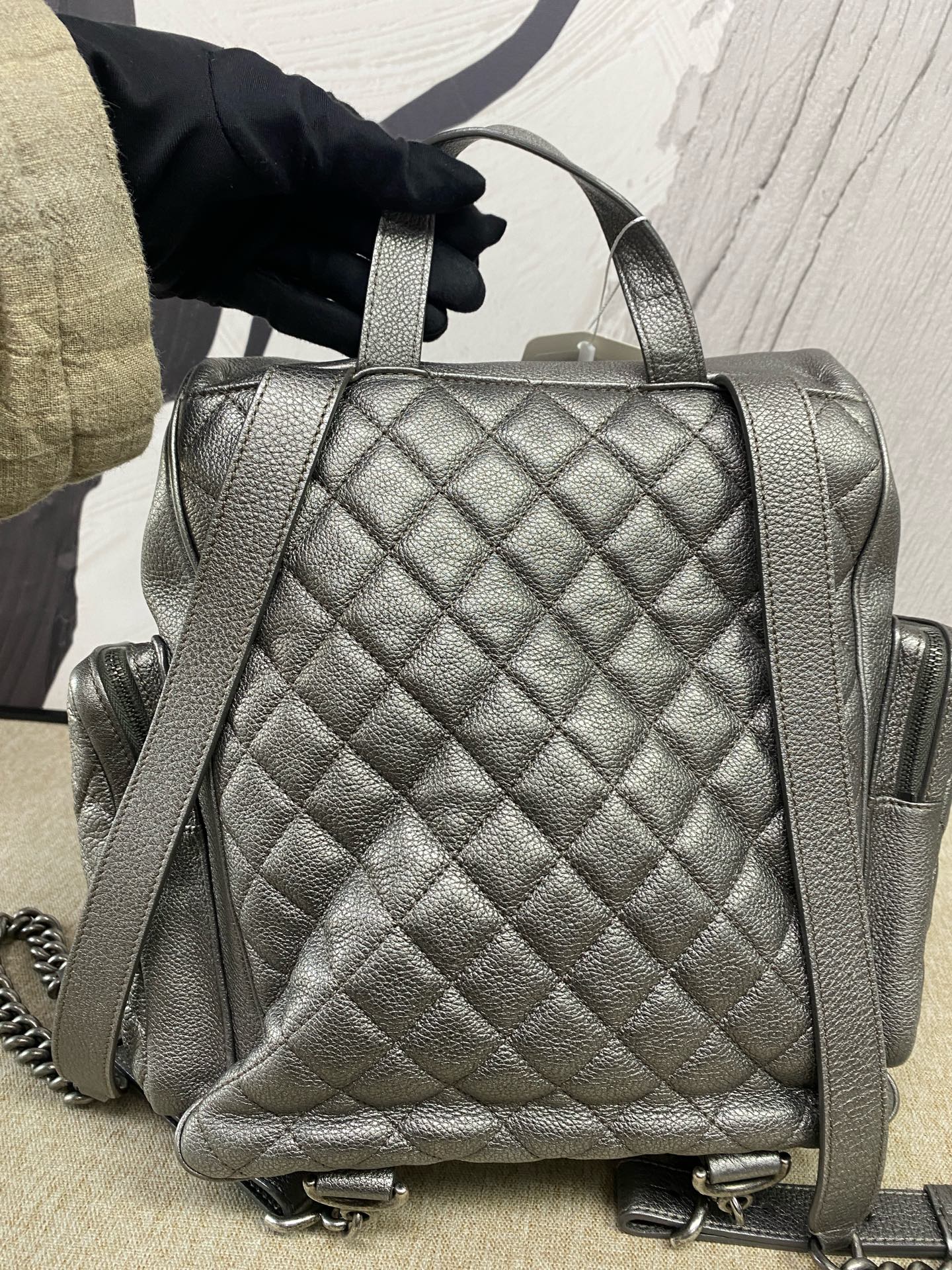 Chanel - Multi-Pocket Biker Backpack - Grained calfskin leather - Silver - (medium)