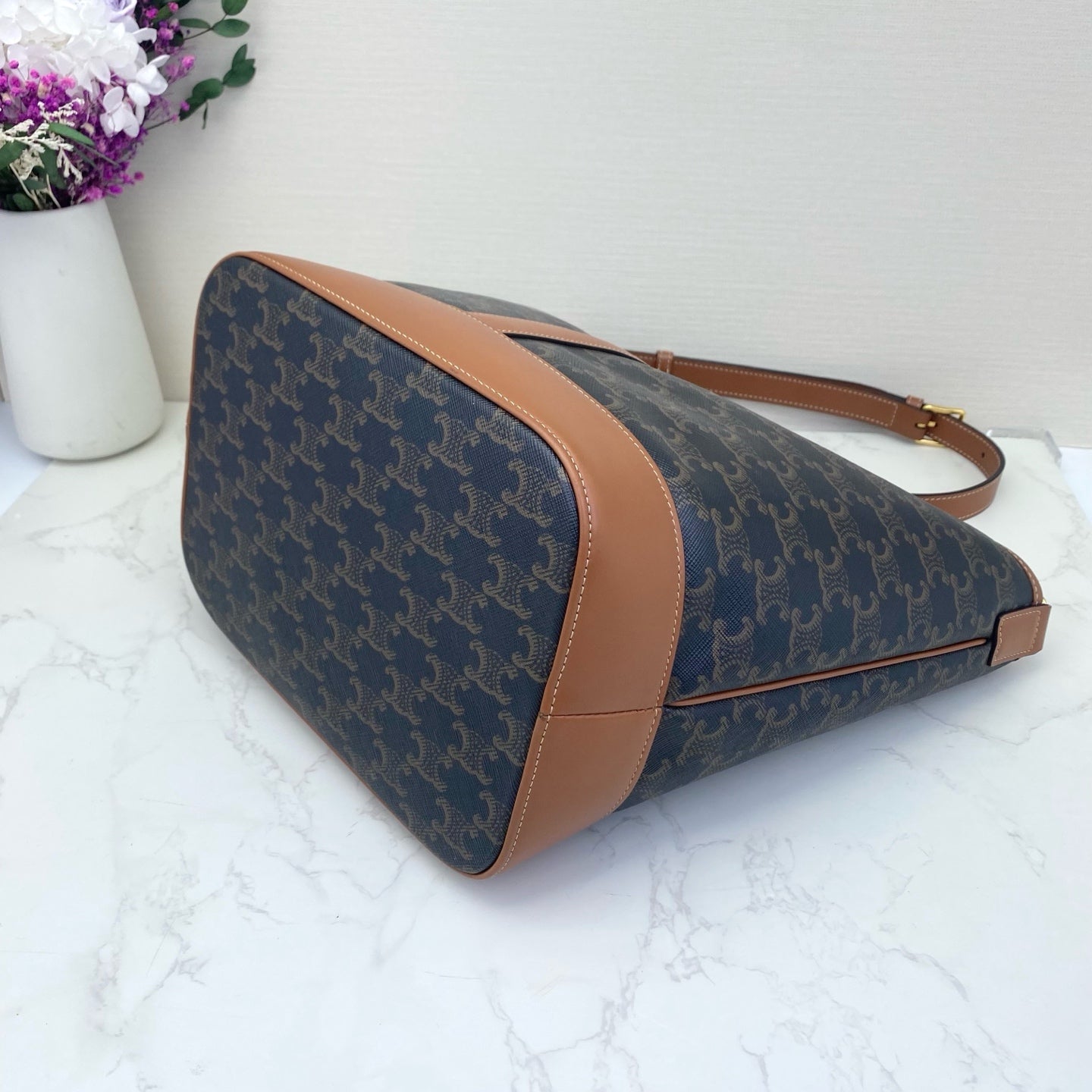 Celine - Cabas Triomphe Tote - Triomphe canvas with tan leather trim - Brown - (medium)