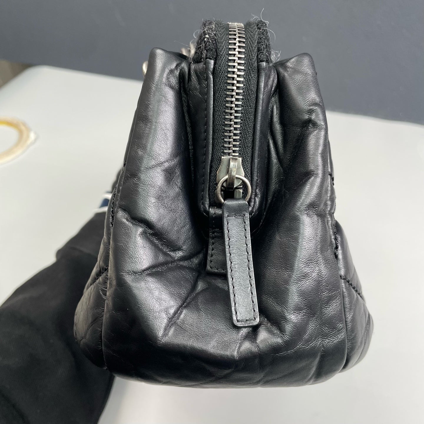 Chanel - Paris-Bombay Bowling Chain Bag - Quilted lambskin leather and tweed - Black with silver-tone hardware and burgundy accents - (Medium)
