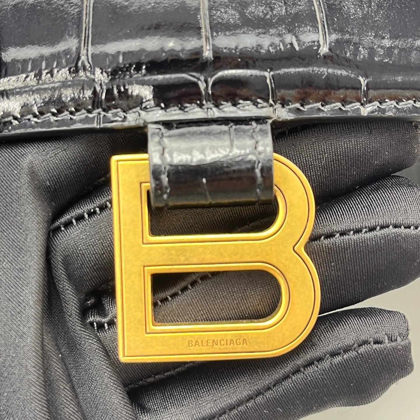 Balenciaga - Hourglass S Bag - Croc-embossed calfskin leather - Black - (Small)