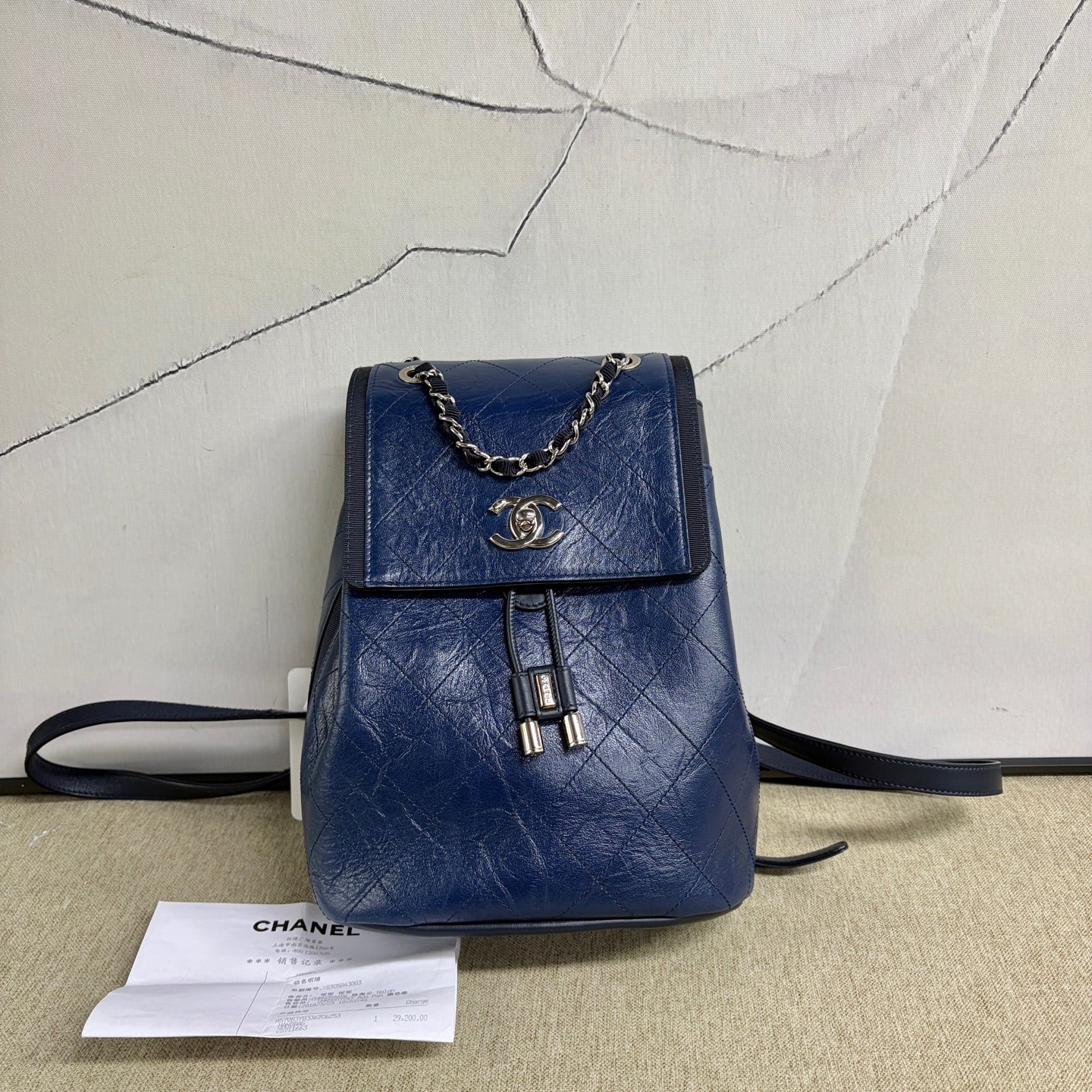 Chanel - Quilted Drawstring Backpack - Waxed calfskin leather - Blue - (Small)