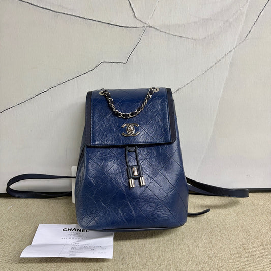Chanel - Quilted Drawstring Backpack - Waxed calfskin leather - Blue - (Small)