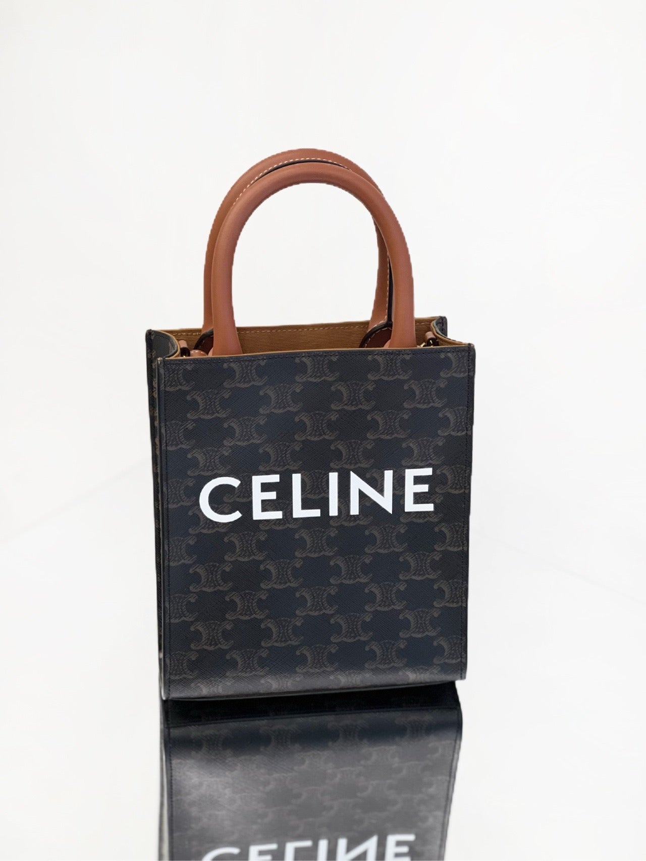 Celine - Cabas Vertical Mini - Triomphe coated canvas and calfskin leather - Brown - (mini)