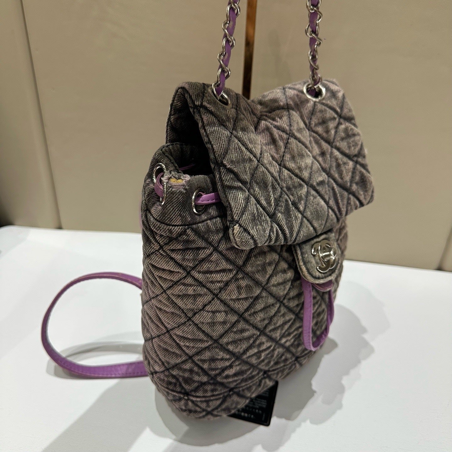 Chanel - Salzburg Washed Denim Drawstring Backpack - Denim with leather trim - Purple - (Small)