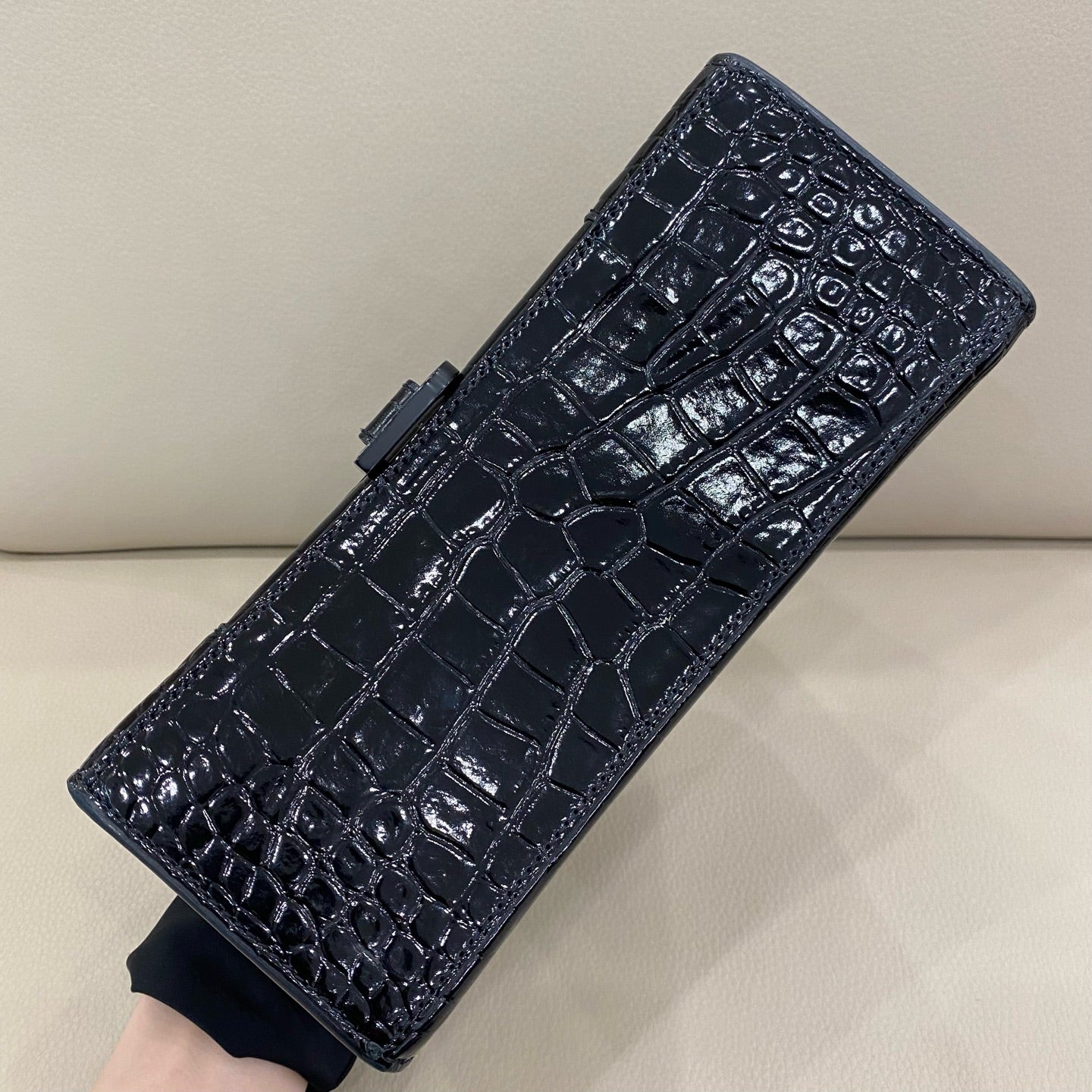 Balenciaga - Hourglass Bag - Crocodile embossed patent leather - Black - (small)
