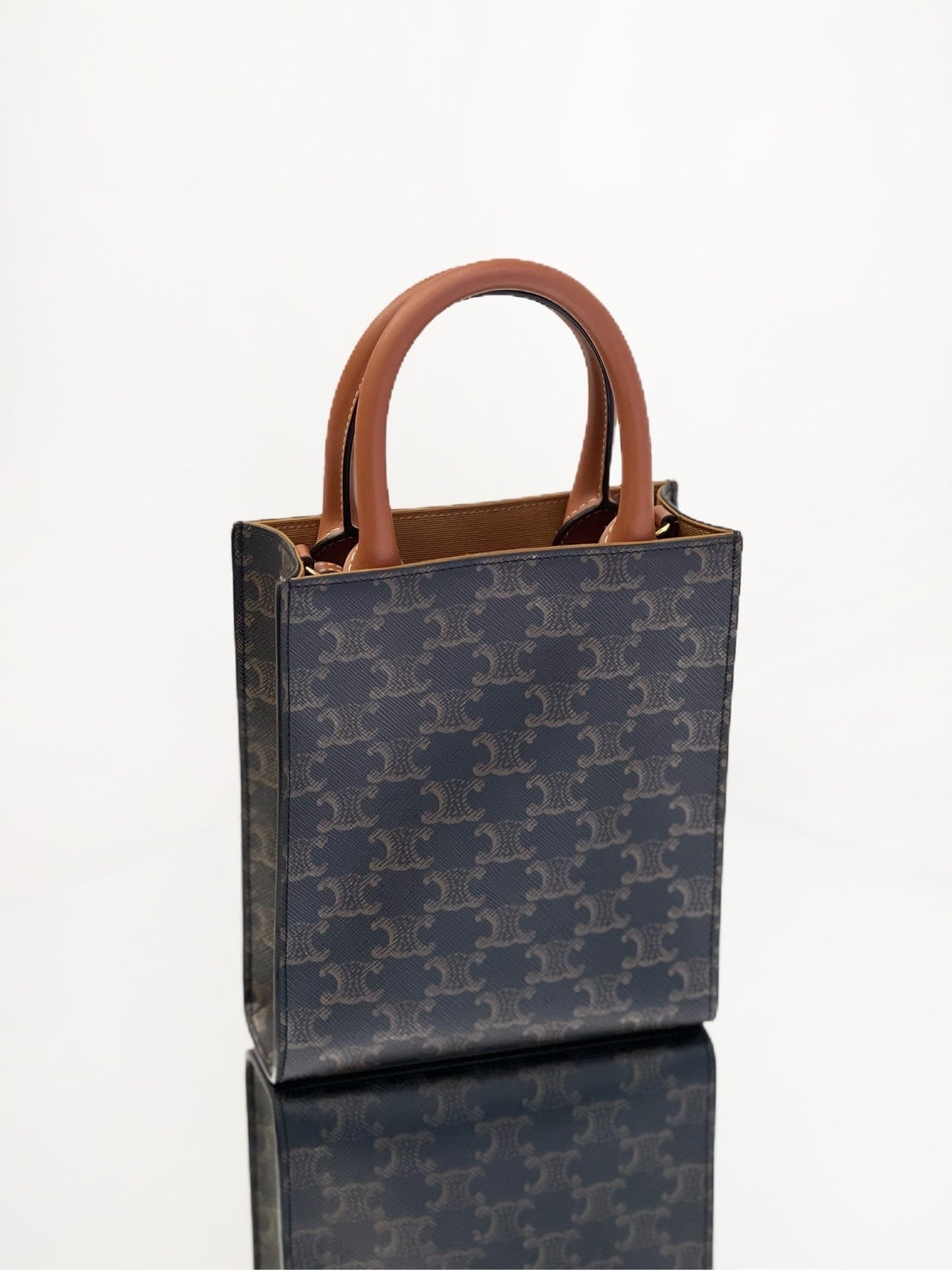Celine - Cabas Vertical Mini - Triomphe coated canvas and calfskin leather - Brown - (mini)