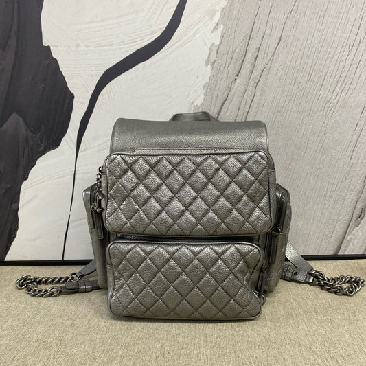 Chanel - Multi-Pocket Biker Backpack - Grained calfskin leather - Silver - (medium)