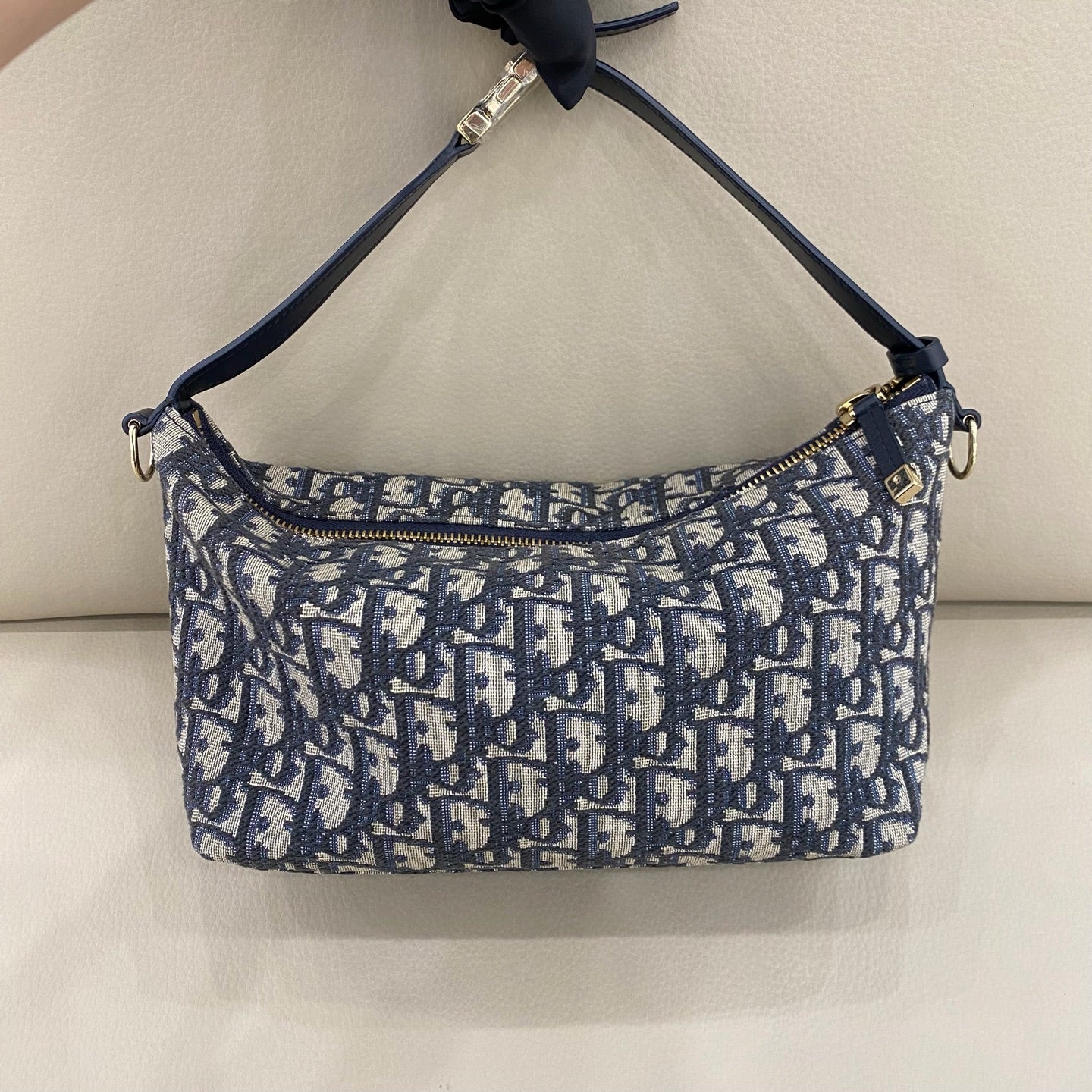 Dior - Oblique Hobo Bag - Embroidered canvas with leather trim - Navy - (small)