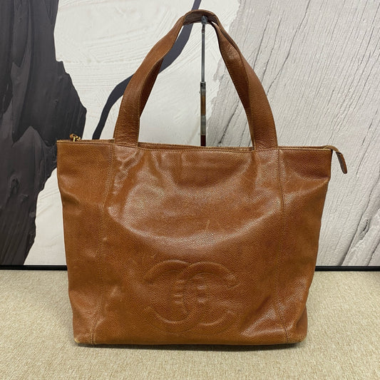 Chanel - Chanel Vintage Embossed CC Tote - Grained calfskin leather - Brown - (Medium)