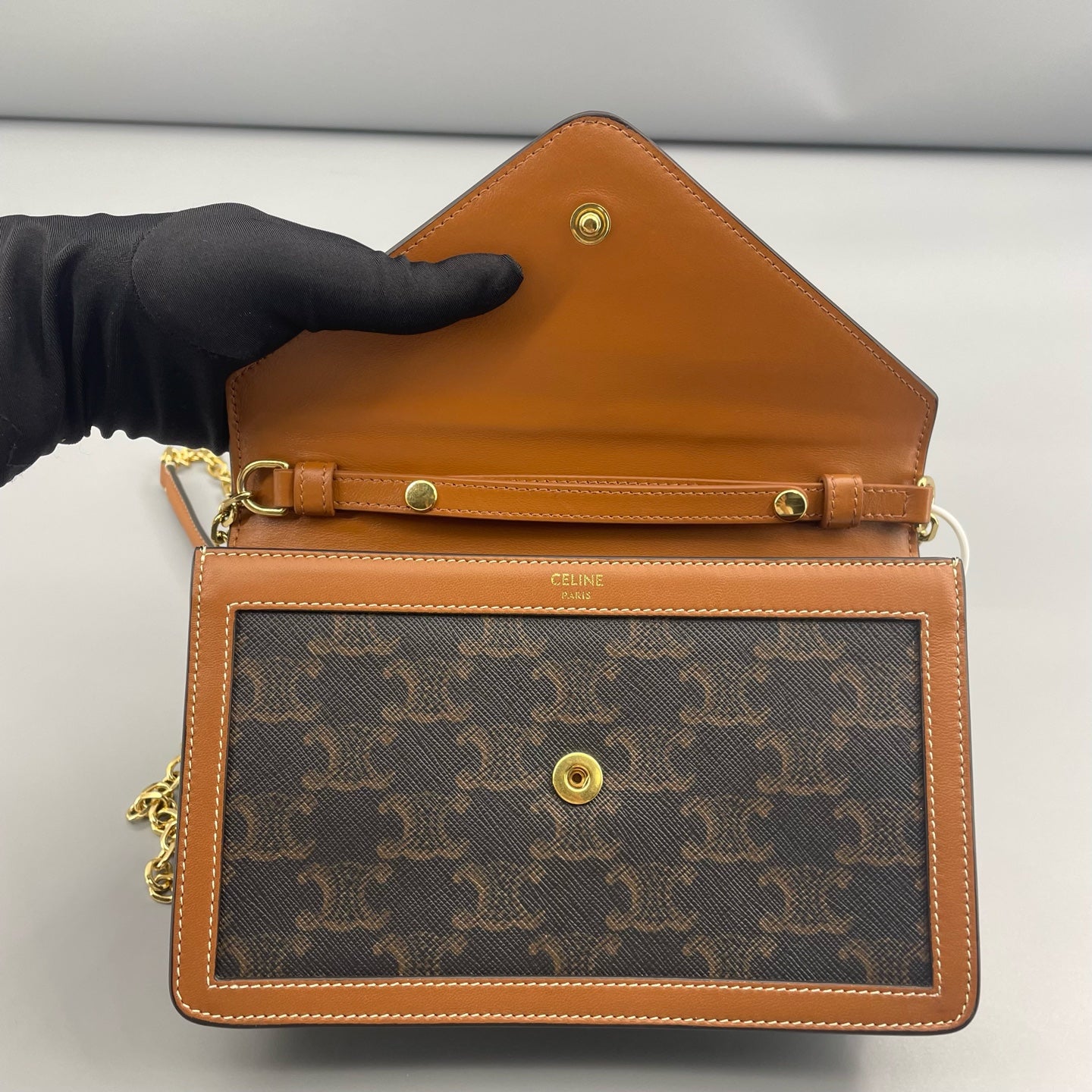 Celine - Triomphe WOC Envelope Chain Bag - Triomphe coated canvas with calfskin leather trim - Brown - (mini)