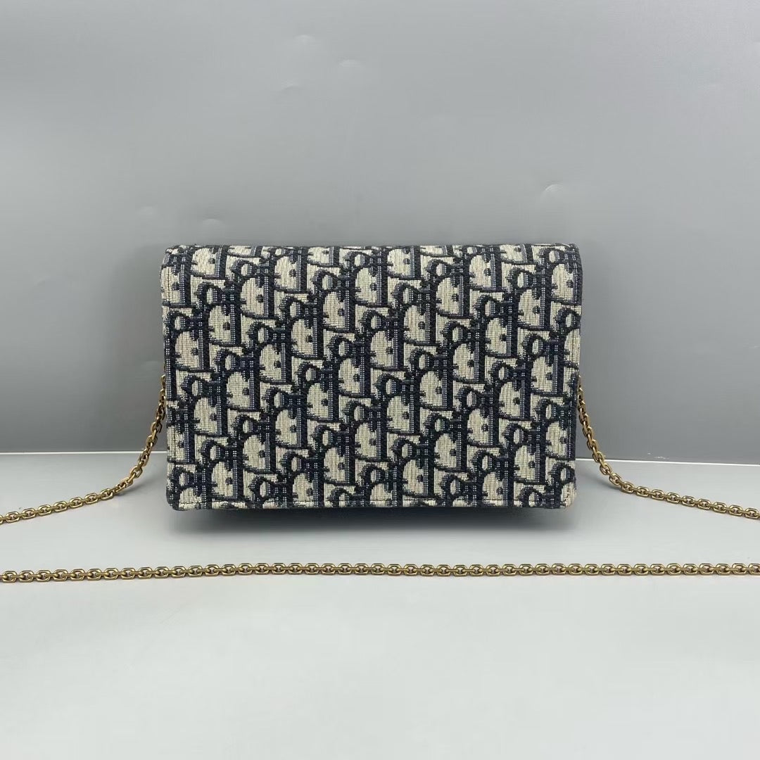 Dior - Saddle Wallet on Chain (WOC) - Oblique jacquard canvas with leather trim - Blue - (small)