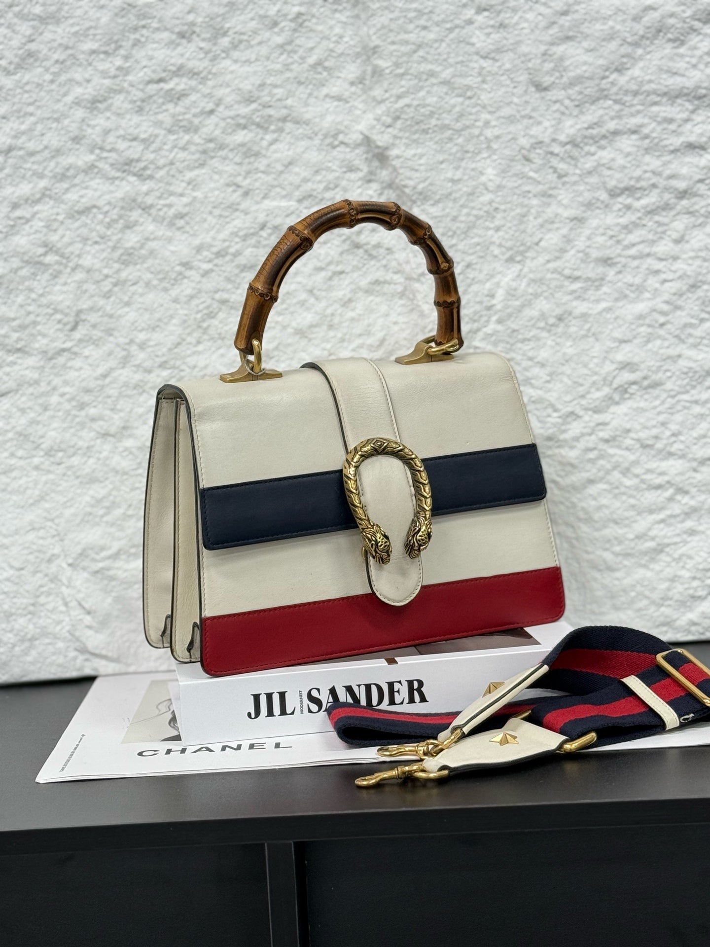 Gucci - Dionysus Bamboo Top Handle Bag - Leather with bamboo handle - Off-white, Red and Navy with brown bamboo - (medium)