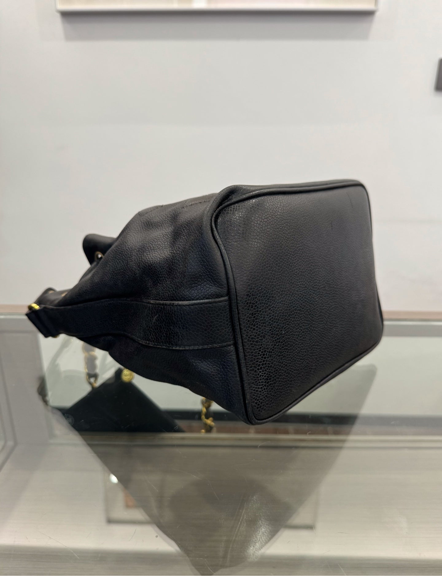 Chanel - Drawstring Bucket Bag with Gold Ball Charms - Grained leather - Black - (small)