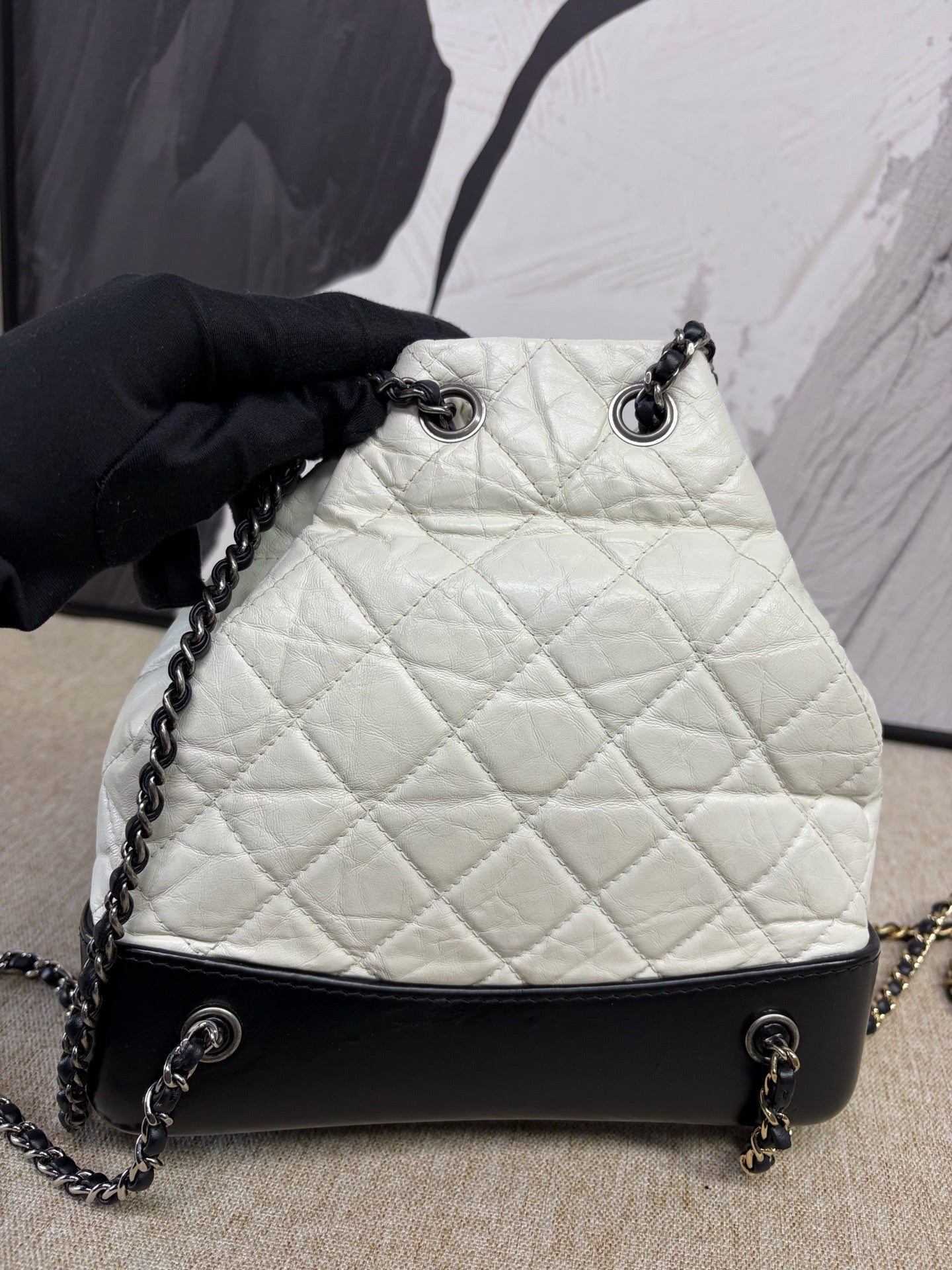 Chanel - Gabrielle Backpack - Distressed calfskin and smooth calfskin - Black and White with Silver-Tone Hardware - (Small)