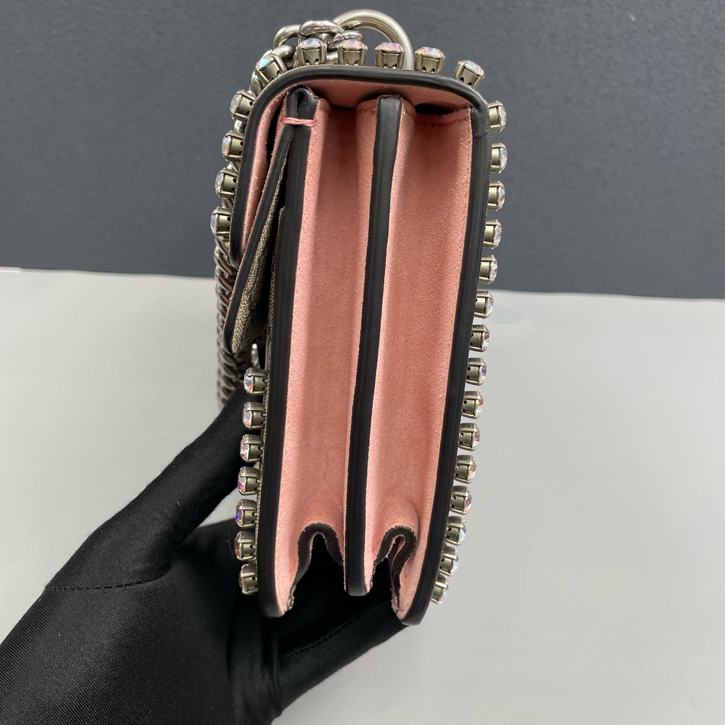Gucci - Dionysus GG Supreme Shoulder Bag with Crystal Embellishment - GG Supreme coated canvas and pink suede leather with iridescent crystal embellishments - Beige, Pink and Multicolour crystals with Silver-Tone Hardware - (Medium)