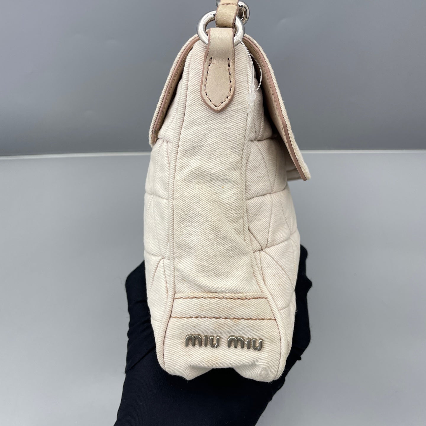 Miu Miu - Jeweled Chain Pleated Flap Bag - Fabric with leather trim - White - (Medium)