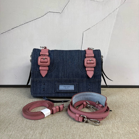 Prada - CD8037 Denim Messenger Bag - Denim and leather - Blue with Pink accents - (Medium)