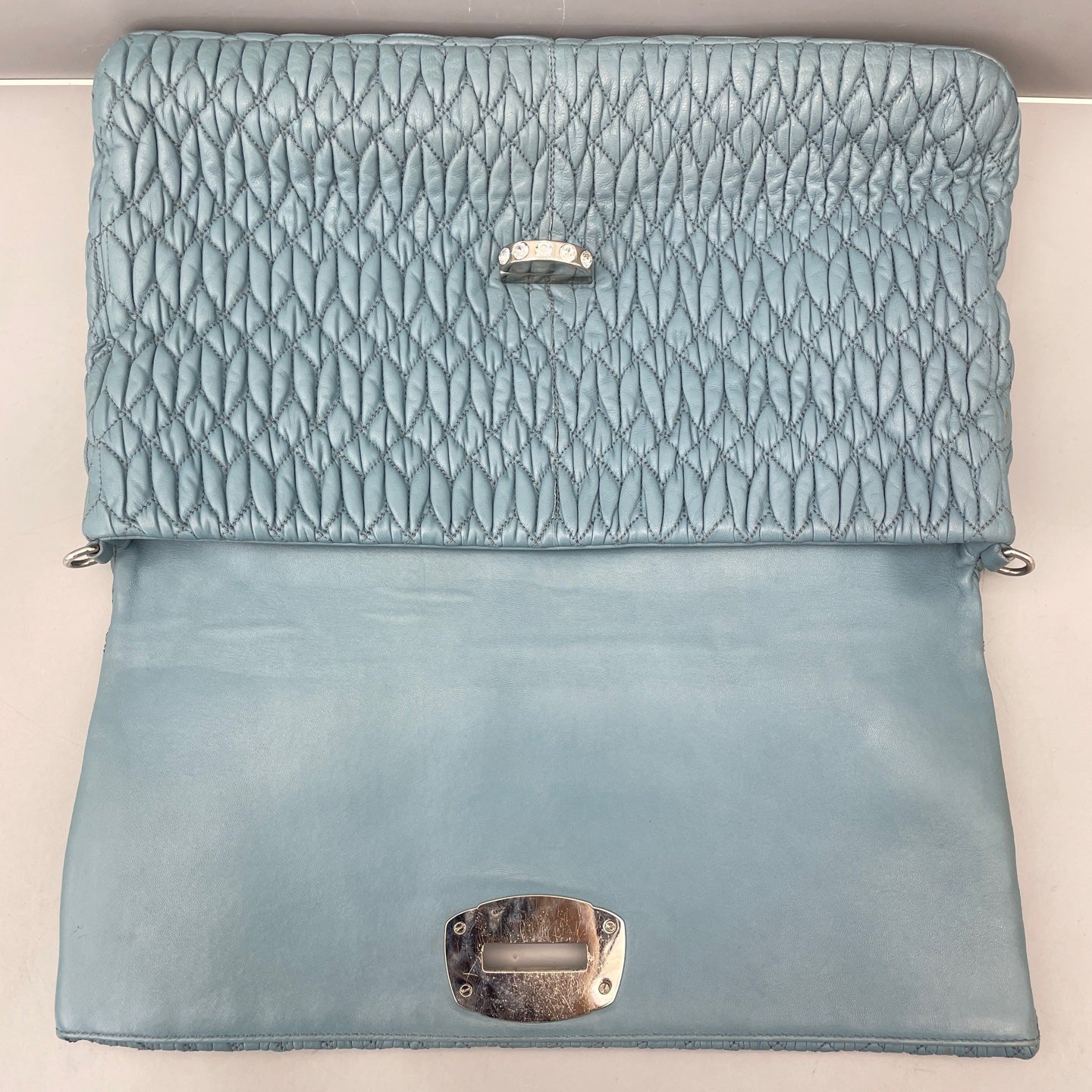 Miu Miu - Matelassé Gemstone Chain Pleated Bag - Leather - Blue - (medium)