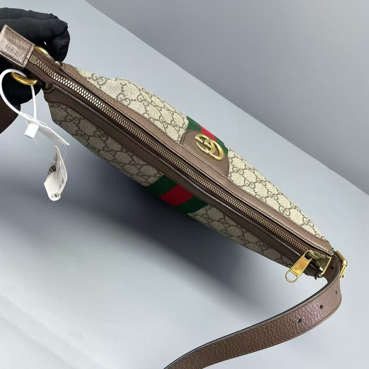 Gucci - Ophidia Half Moon Crossbody Bag - GG Supreme canvas with leather trim - Beige and Ebony with Red and Green Web stripe - (medium)