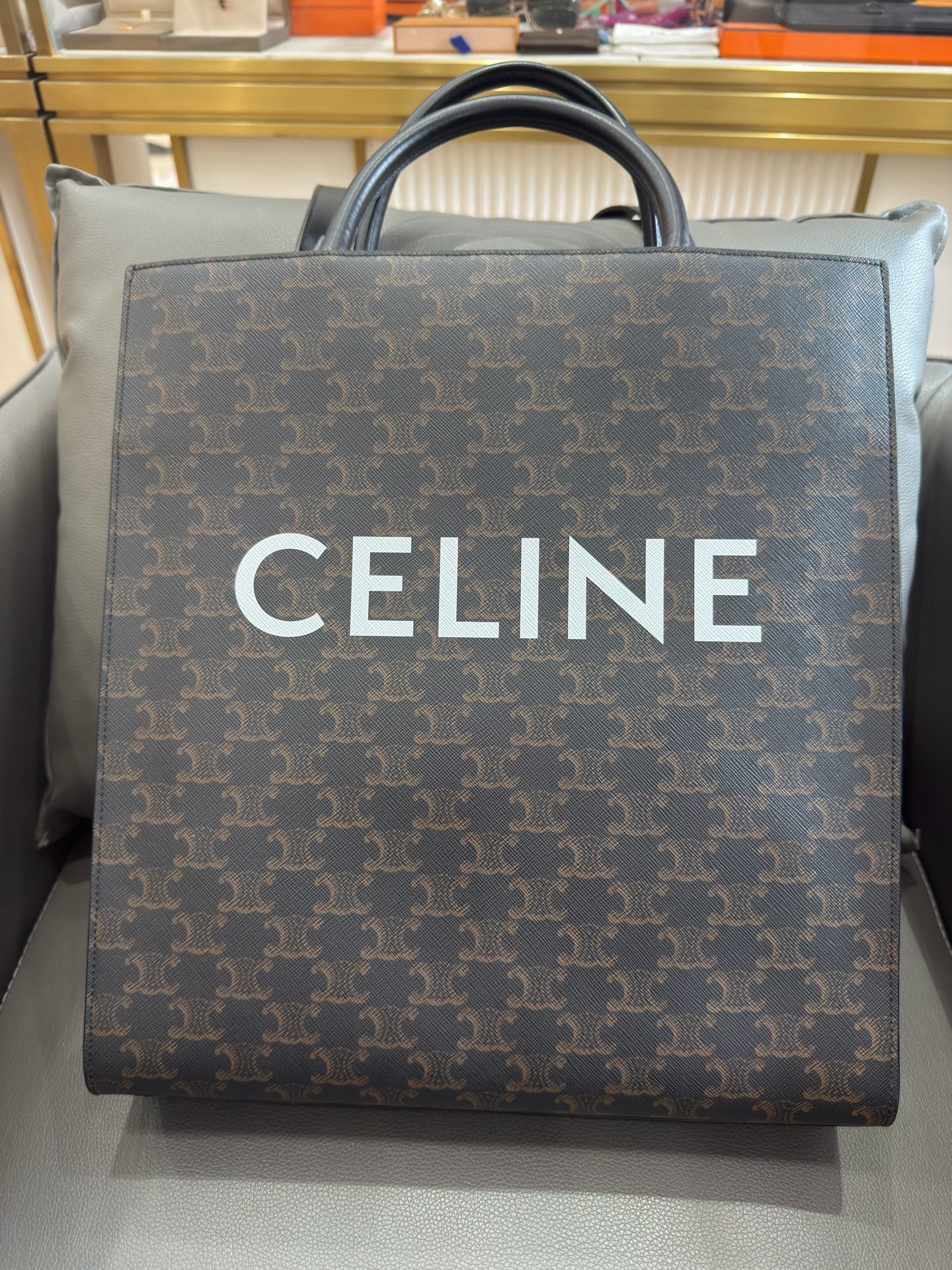 Celine - Cabas Medium Vertical Tote - Triomphe coated canvas with leather trim - Black and Tan Triomphe Canvas with Black Leather Trim - (medium)