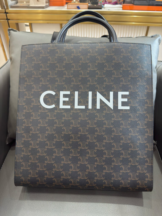 Celine - Cabas Medium Vertical Tote - Triomphe coated canvas with leather trim - Black and Tan Triomphe Canvas with Black Leather Trim - (medium)