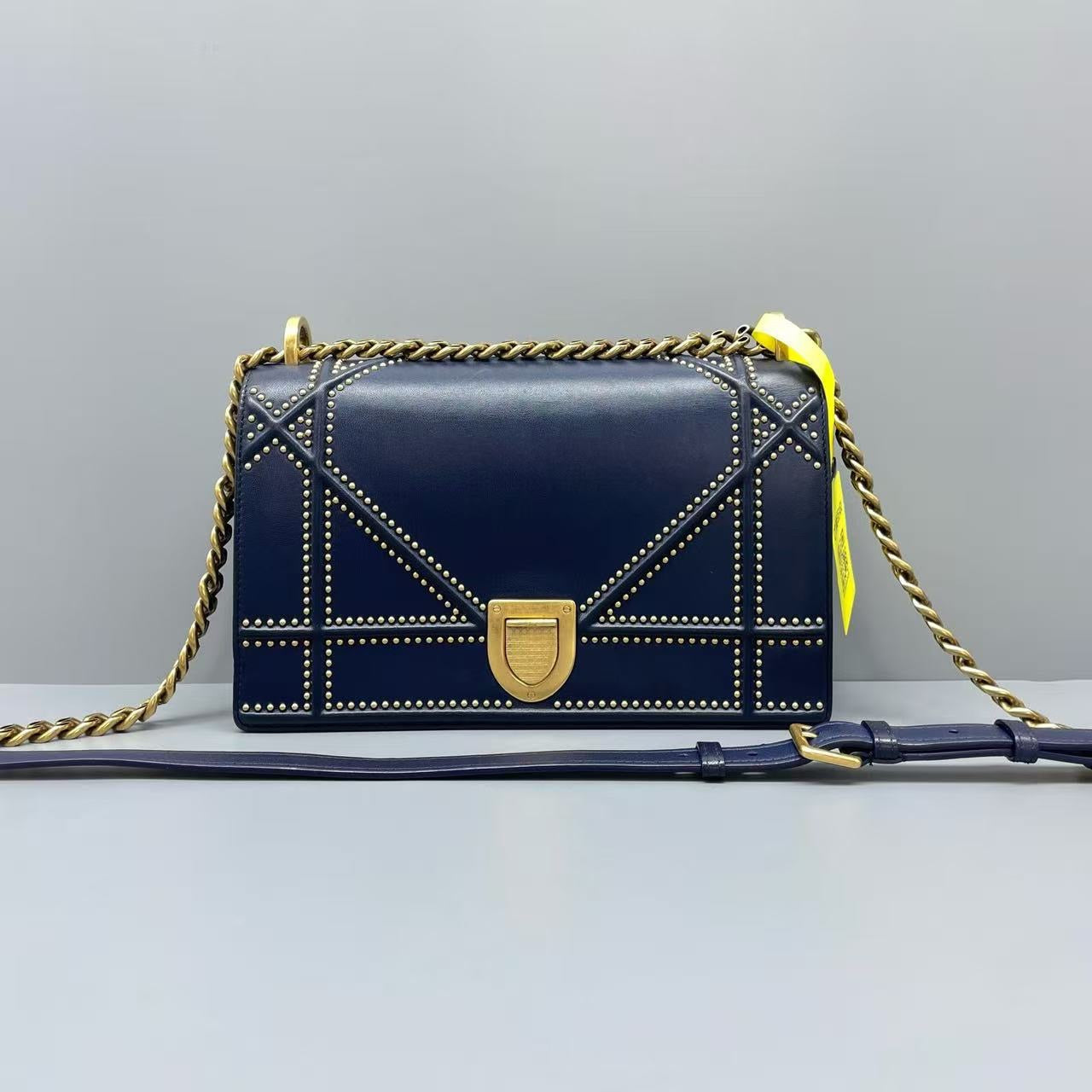 Dior - Diorama Shield Bag Studded Medium - Calfskin leather - Navy with Gold-Tone Hardware - (medium)