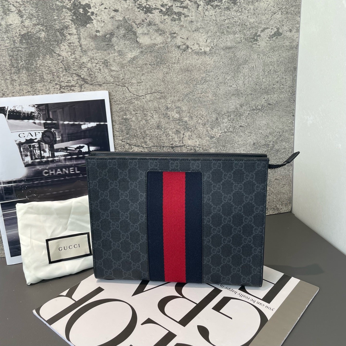 Gucci - GG Supreme Web Stripe Pouch - Coated canvas with leather trim and textile Web stripe - Grey with Red and Blue accents - (Medium)