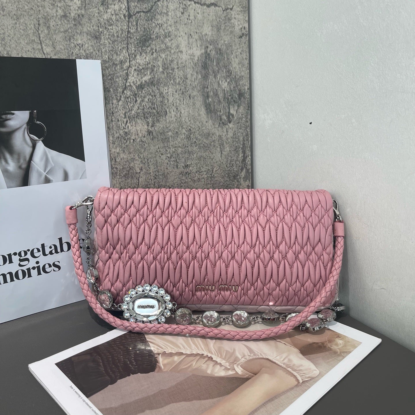 Miu Miu - Matelassé Crystal Chain Bag - Lambskin leather - Pink - (small)