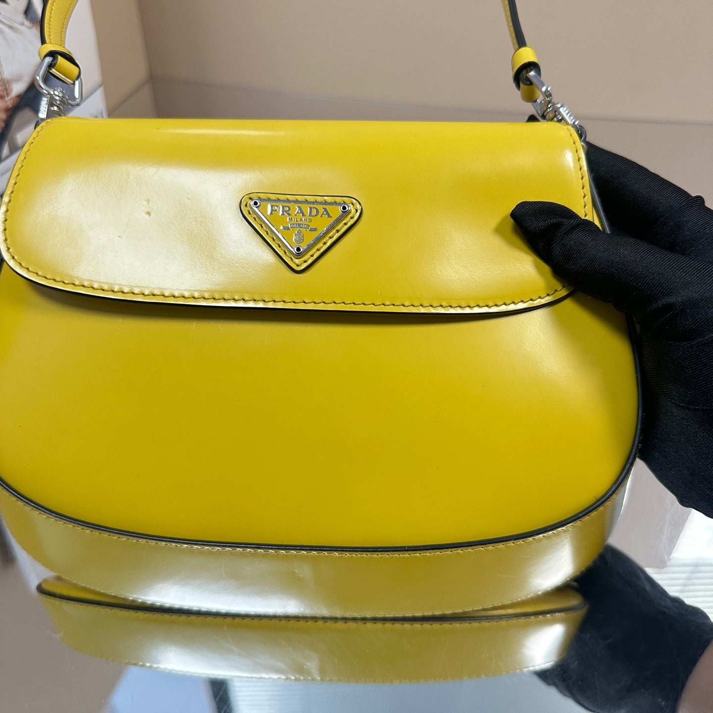 Prada - Cleo Flap Small Shoulder Bag - Box leather - Yellow - (small)