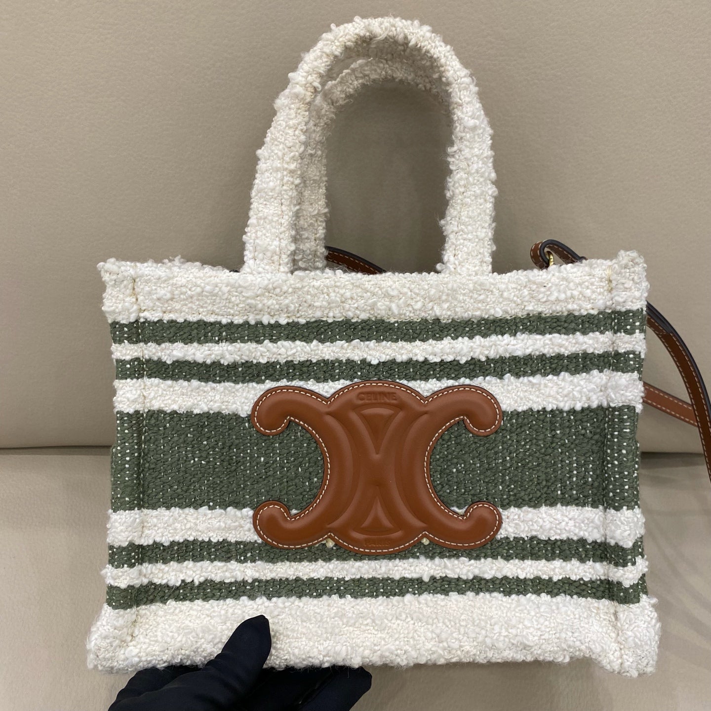 Celine - Triomphe Striped Small Tote Bag - Textured bouclé fabric and leather - White and Green - (small)