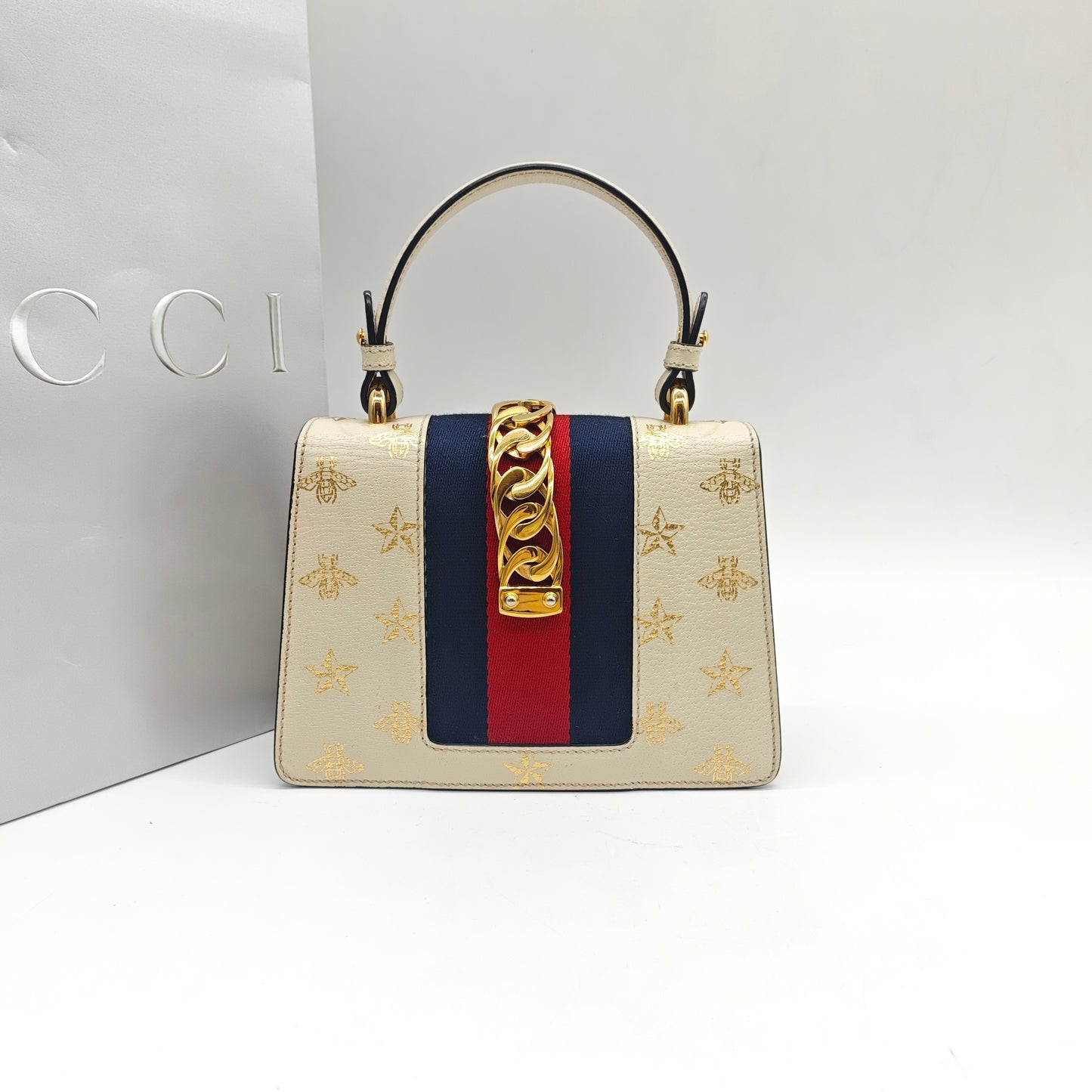 Gucci - Sylvie Small Bee and Star - Grained leather - White - (small)