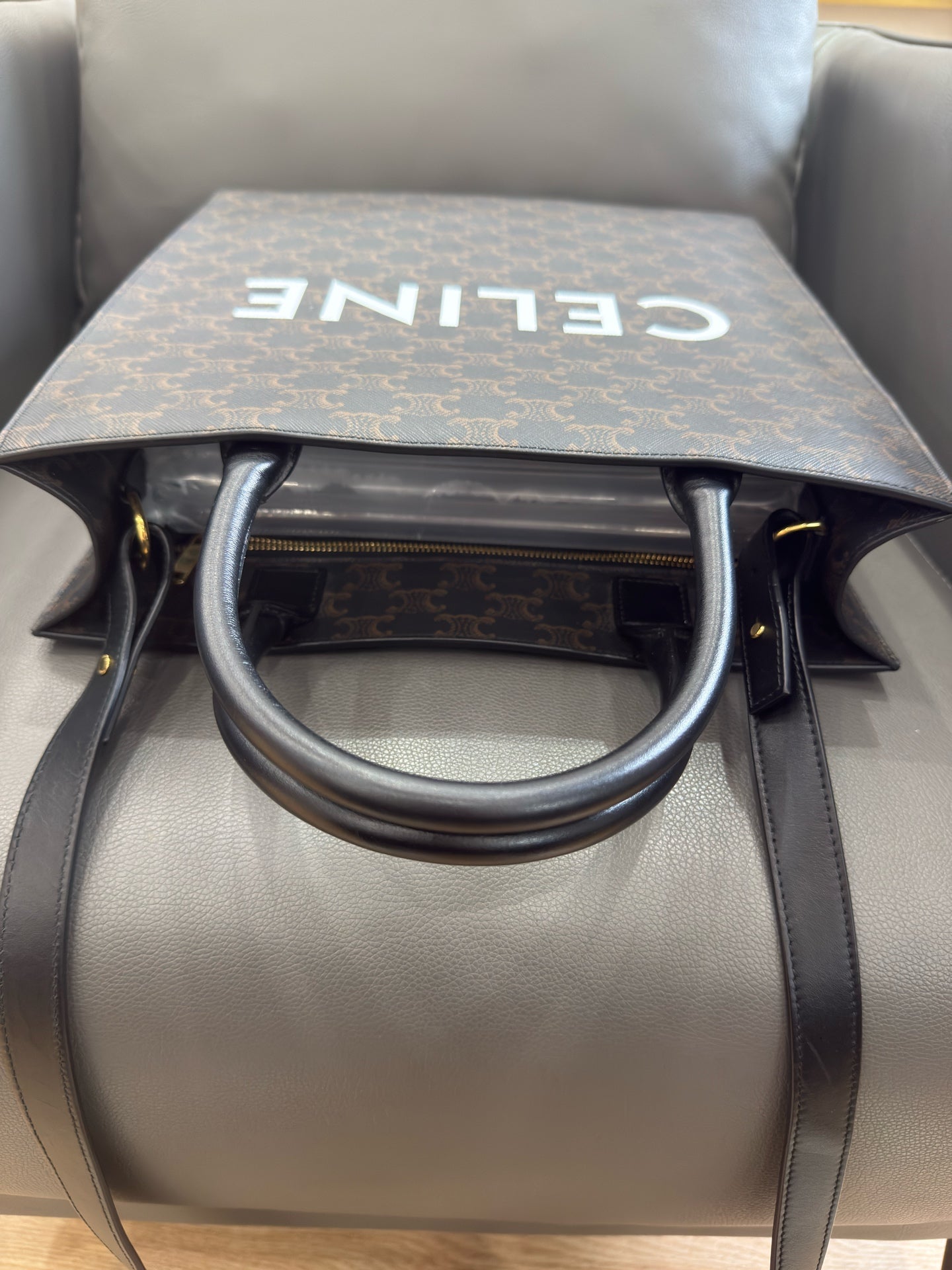 Celine - Cabas Medium Vertical Tote - Triomphe coated canvas with leather trim - Black and Tan Triomphe Canvas with Black Leather Trim - (medium)
