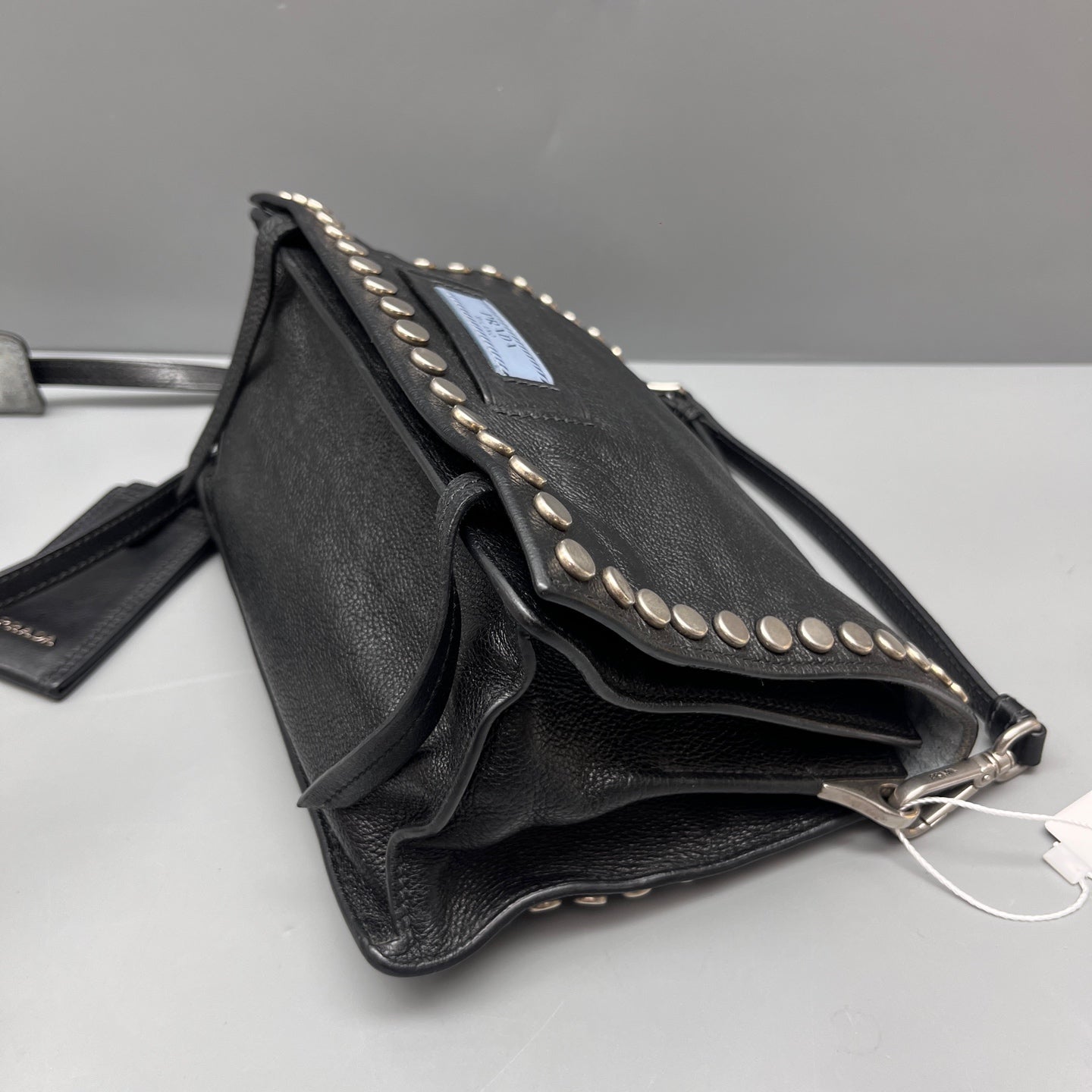 Prada - Etiquette Studded Messenger Bag - Leather - Black - (Mini)