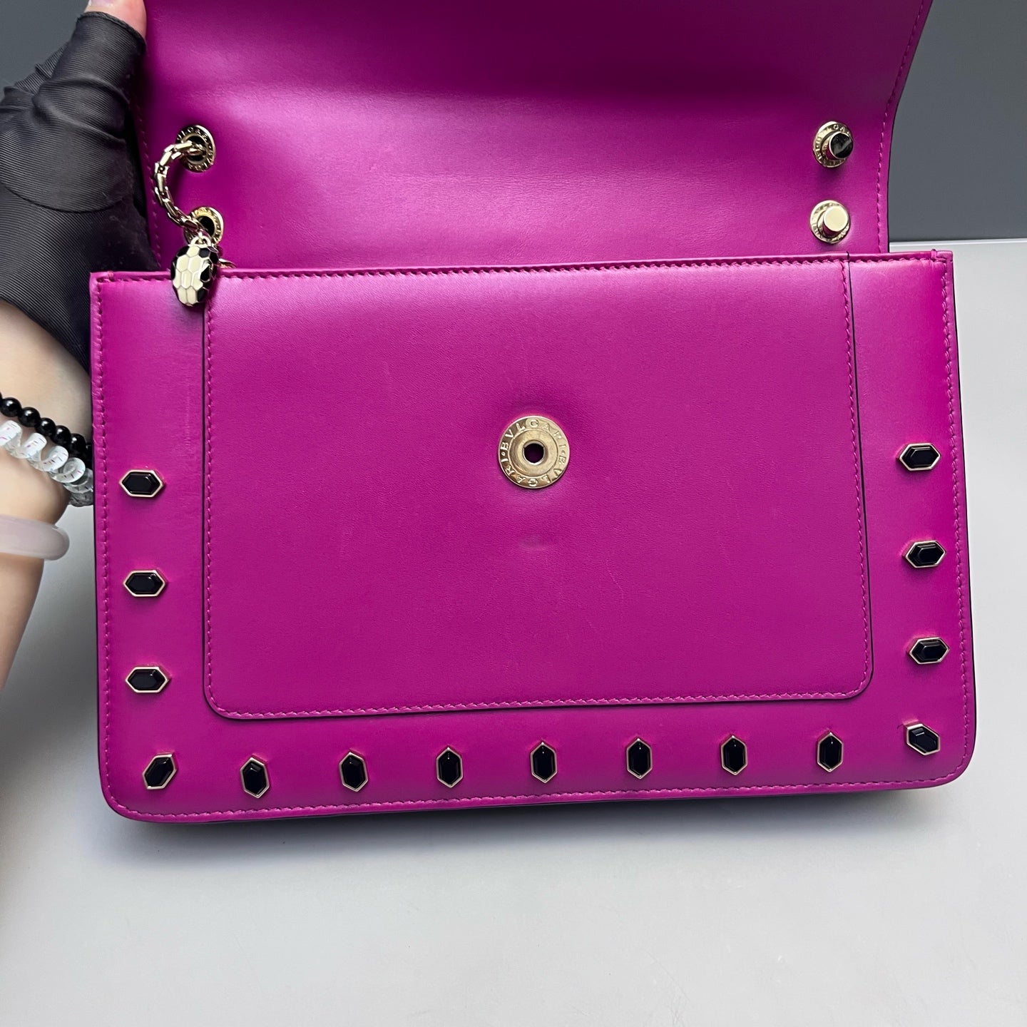 Bvlgari - Serpenti Forever Flap Bag with Studs - Smooth calf leather - Vibrant Magenta with Black Accents and Gold-Tone Hardware - (Medium)