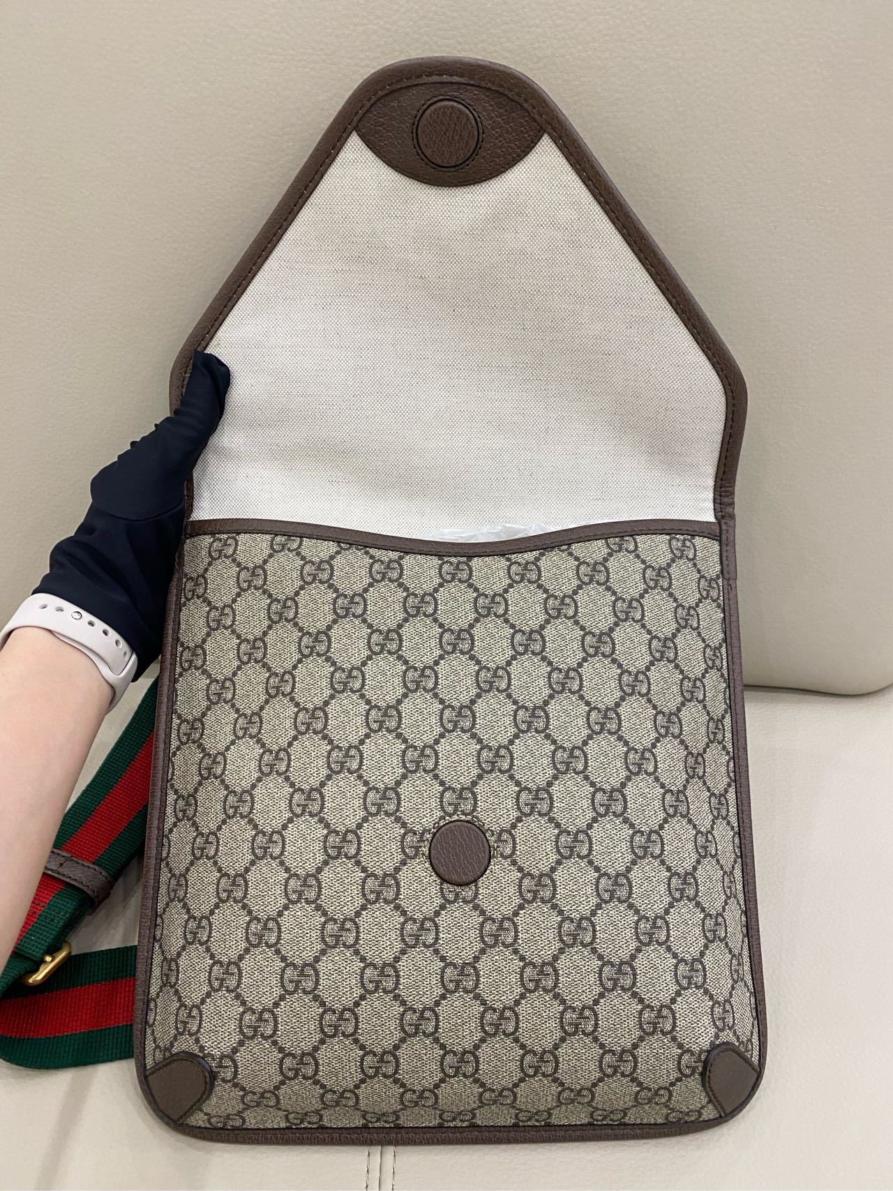 Gucci - Tiger Head Envelope Crossbody Bag - GG Supreme canvas with leather trim - Beige with brown trim and multicolour Web stripe - (Small)
