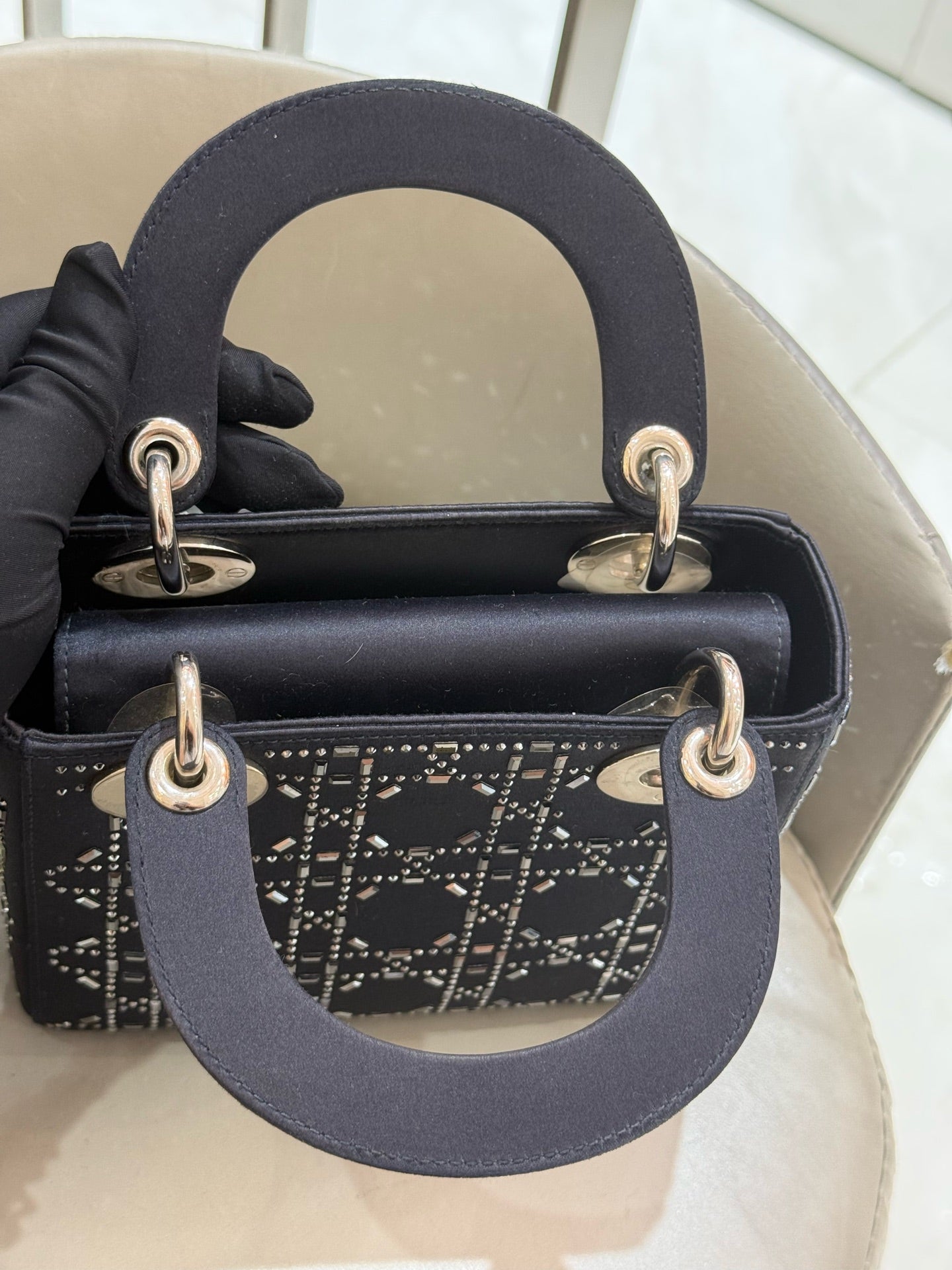 Dior - Lady Dior Mini - Satin with Crystal Embellishments - Navy Blue - (mini)