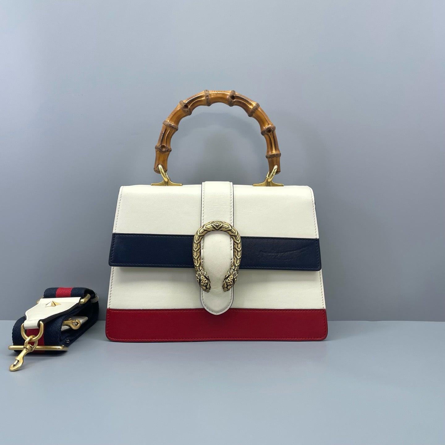 Gucci - Dionysus Bamboo Top Handle Bag - Leather - Off-white, Red, Navy - (medium)