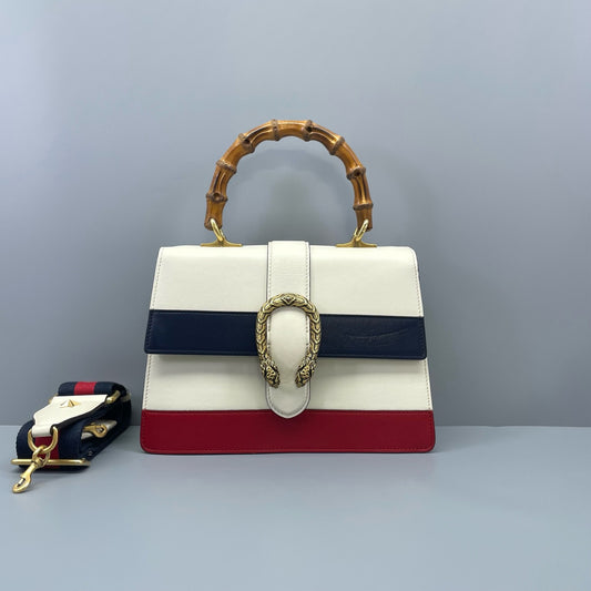 Gucci - Dionysus Bamboo Top Handle Bag - Leather - Off-white, Red, Navy - (medium)
