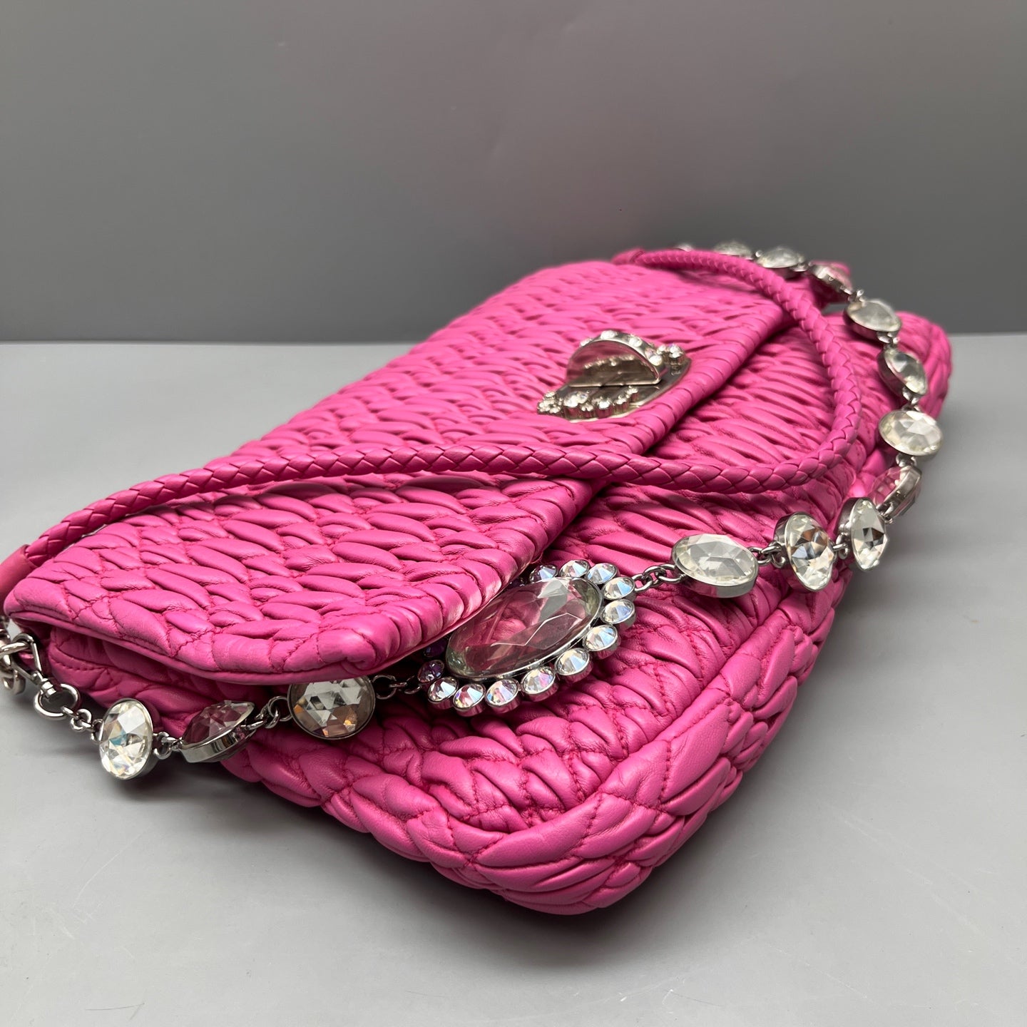 Miu Miu - Ruched Gemstone Chain Flap Shoulder Bag - Leather - Pink - (Medium)