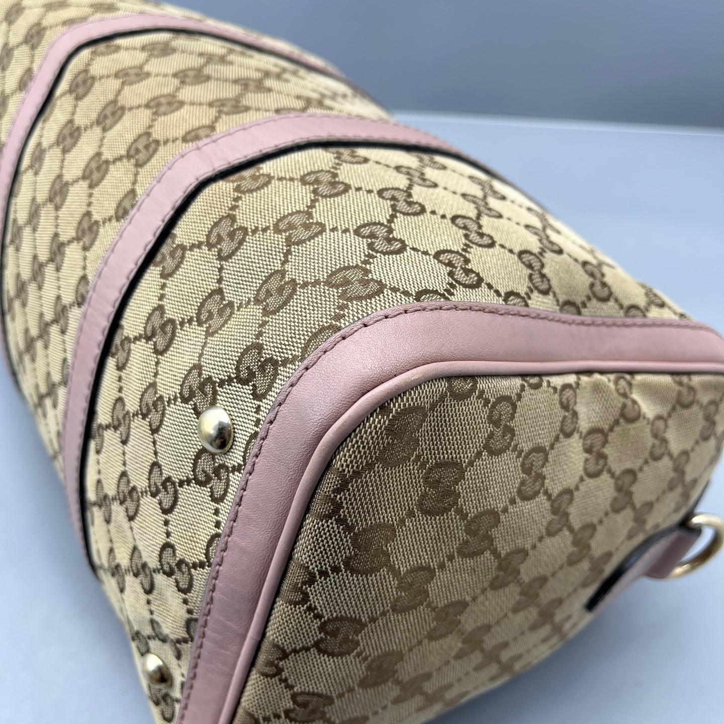 Gucci - Boston Bag - GG Monogram Canvas with Leather Trim - Beige and Pink with Brown Accents - (medium)