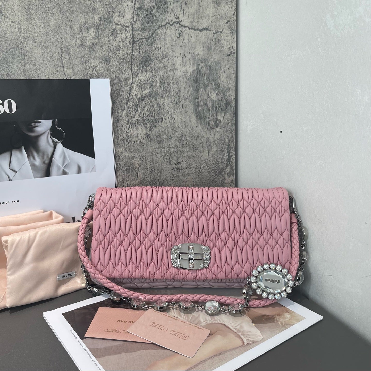 Miu Miu - Matelassé Crystal Chain Bag - Lambskin leather - Pink - (small)