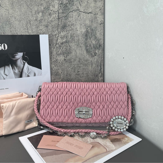 Miu Miu - Matelassé Crystal Chain Bag - Lambskin leather - Pink - (small)