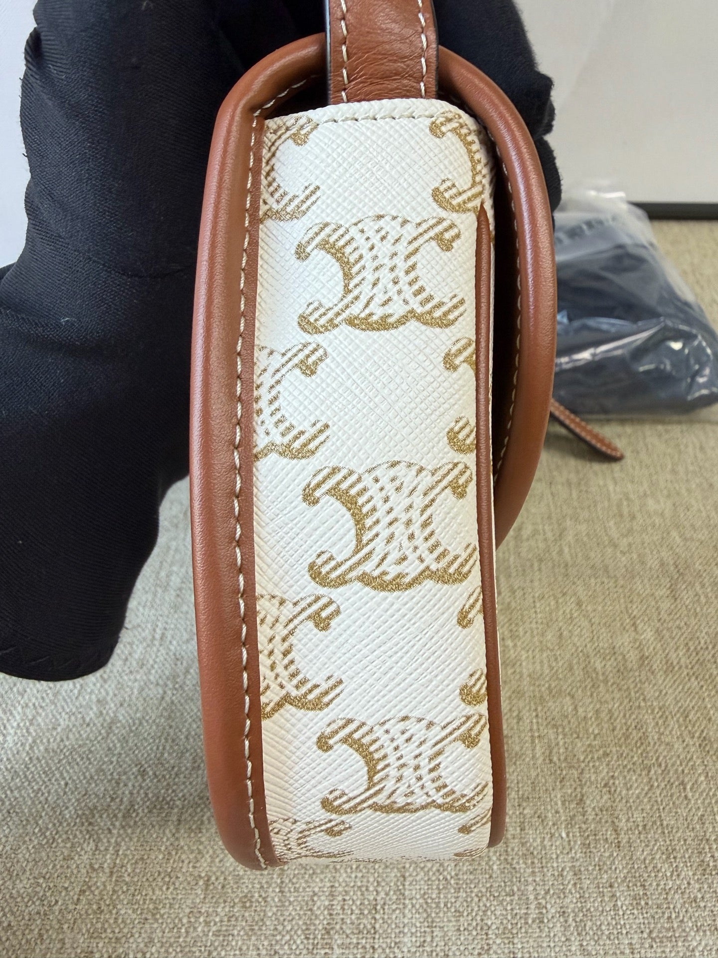 Celine - Triomphe Mini Saddle Bag - Coated canvas with leather trim - Beige and Brown - (mini)