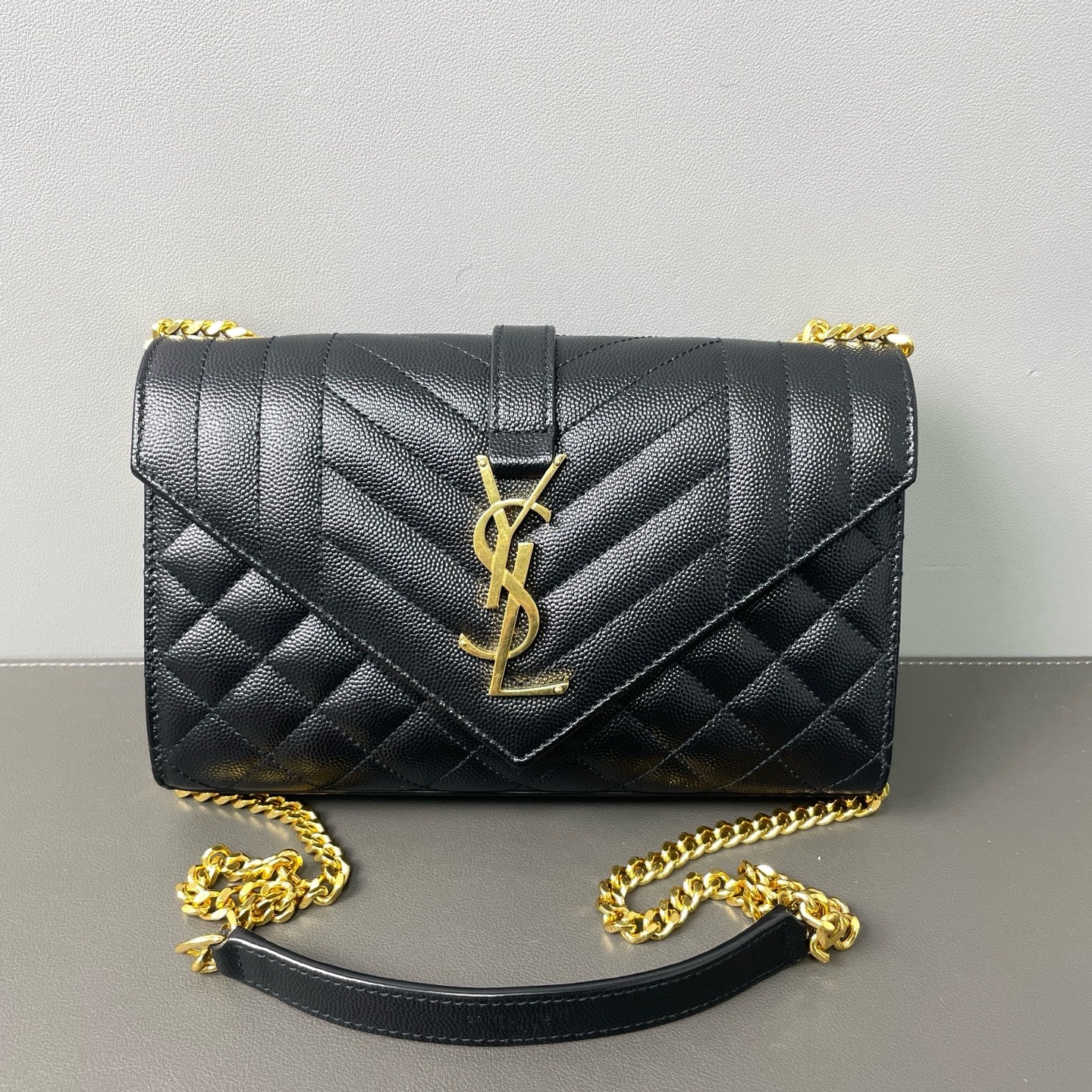 Saint Laurent - Monogram Envelope Wallet on Chain - Grained leather - Black - (mini)