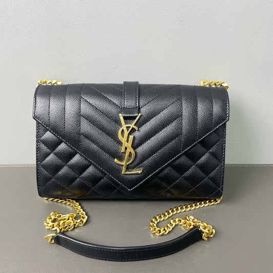 Saint Laurent - Monogram Envelope Wallet on Chain - Grained leather - Black - (mini)