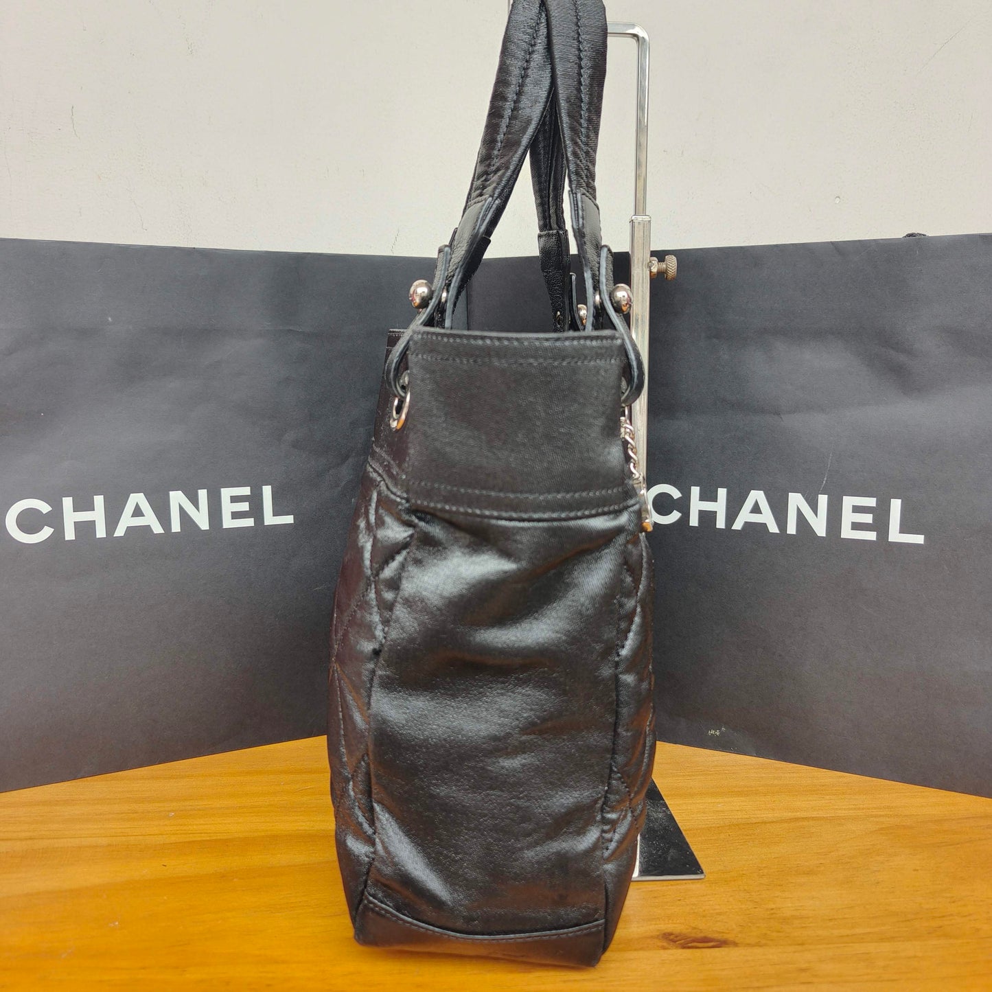 Chanel - Quilted Goatskin and Coated Canvas Tote Bag - Goatskin leather and coated canvas - Black with Silver-Tone Hardware - (Medium)